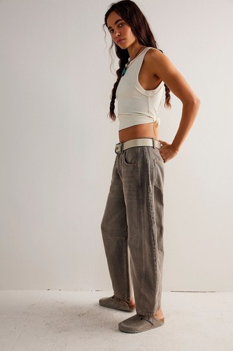 Jeans donna gamba larga vita media cropped barile denim pantaloni jeans larghi taglia 8-20 - Foto 19 di 48