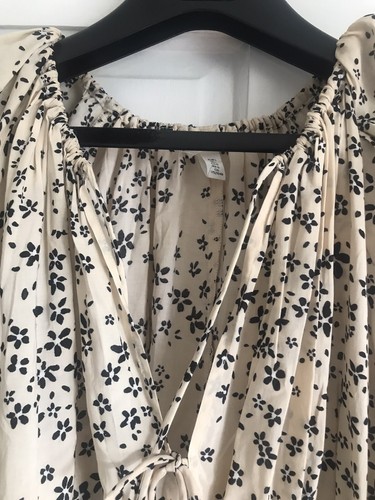 H&M Light beige black cotton Floral Print short dress size L Cotton Mix New - Picture 8 of 11