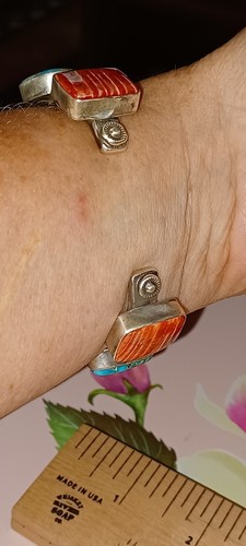 Vintage Navajo THICK Bracelet Sterling Spiny Oyster Turquoise Tom Lewis Unique! - Picture 17 of 24