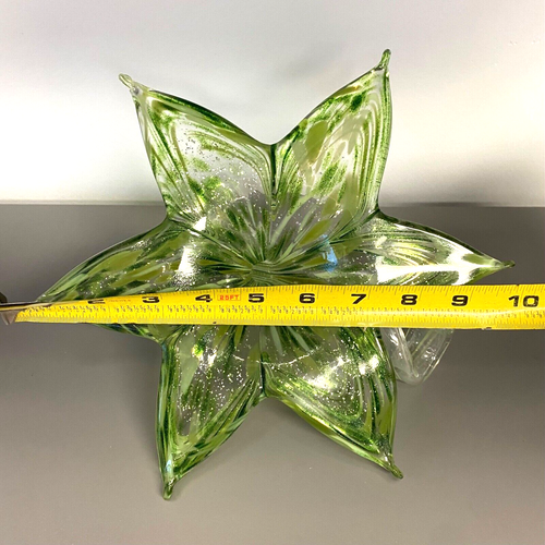 Vidrio artístico soplado estilo Murano 6 pétalos verde flor transparente mancha plateada vástago torcido - Imagen 8 de 10