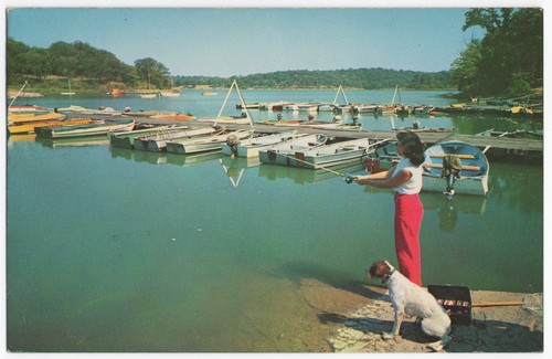 1950's View Woman Brittany Dog Fishing Wtandotte County Park Lake Kansas card - Picture 2 of 3