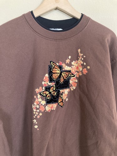 VTG 80s Sweatshirt Women’s XL Cottagecore Fairy Brown Butterflies Embroidered - Picture 3 of 11