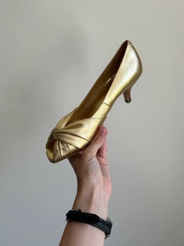 Vintage retro leather lace up heels gold shoes pinup 60s EU 36 UK 3 US 5.5 - Picture 11 of 24