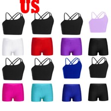 Kids Girls 2 Piece Dance Criss Cross Crop Top with Booty Short Gymnastics