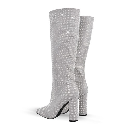 Women's Pointed toe Chunky High Heel Knee High Boots Rhinestone Party Club Shoes - Picture 22 of 49