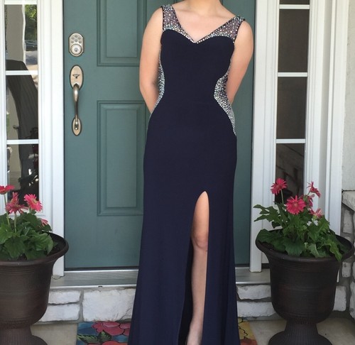 Formal Dress, navy, open back, leg slip, gemmed,