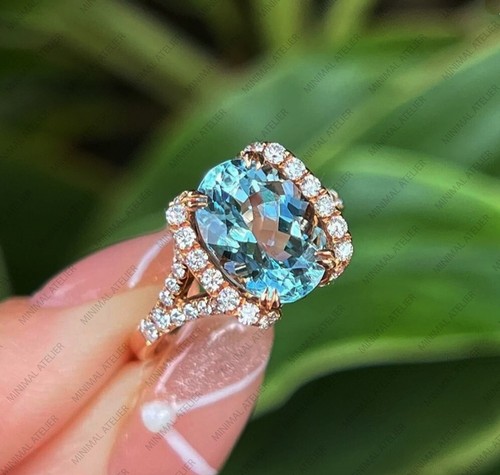 Aquamarine Gemstone Halo Ring, 925 Sterling Silver Gold Plated Gift For Wedding  - Bild 1 von 5