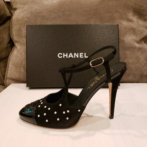 black heels with pearl ankle strap