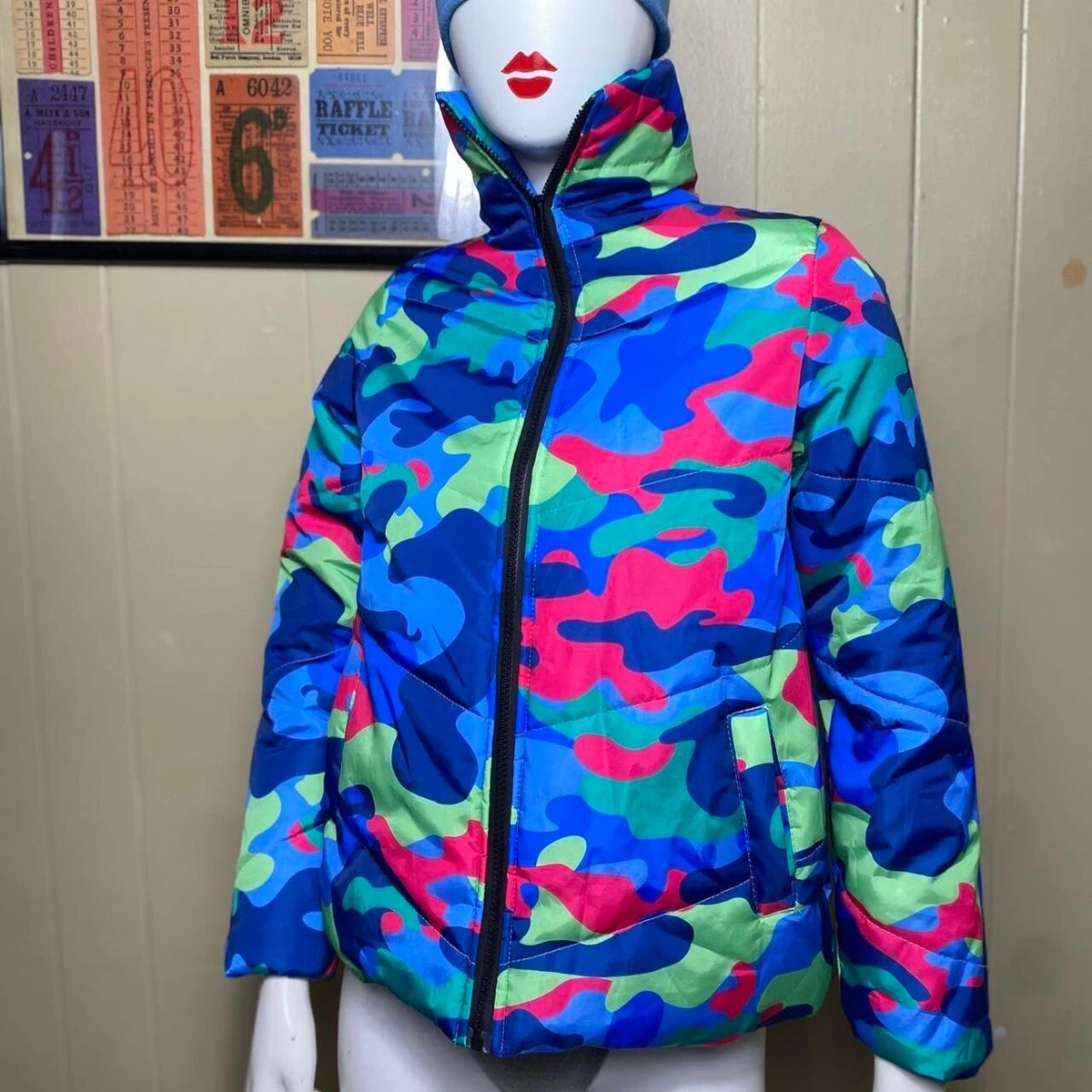 Colorful camo store bubble coat