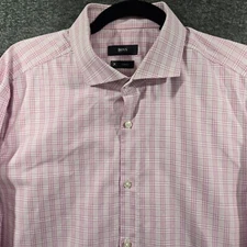 Hugo Boss Mens Slim Fit Check / Plaid Button Down Dress Shirt Pink Sz 44 17.5