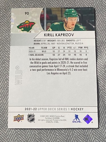 2021-22 Upper Deck Series 1 Kirill Kaprizov Minnesota Wild #90 - Picture 2 of 3