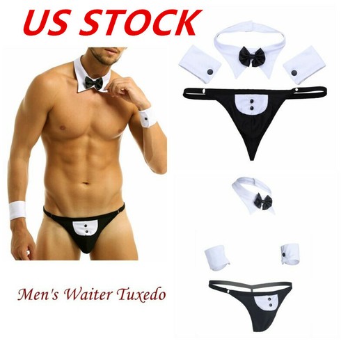 Men's Waiter Lingerie Set Cosplay Tuxedo Thong Underwear with Bow Tie Collar - Picture 3 of 17