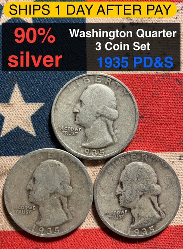 90% Silver 1935 WASHINGTON QUARTERS 3 Coin Lot P/D/S Ships 1 Day After Pay - Picture 1 of 4