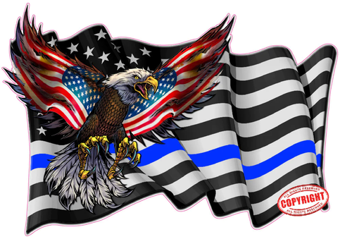 Thin Blue Line waving American Flag Eagle Decal - Picture 1 of 8