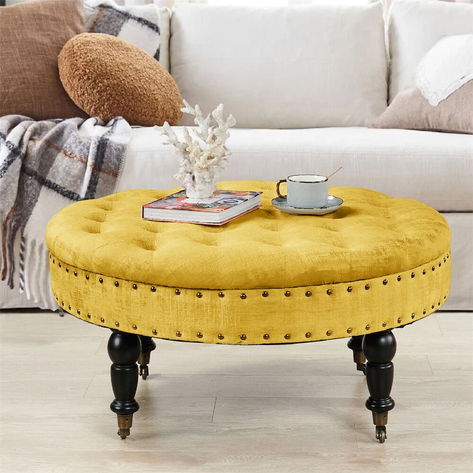 Large Upholstered Tufted Button Velvet Round Ottoman Coffee Table Caster Wheels - Image 2 of 4