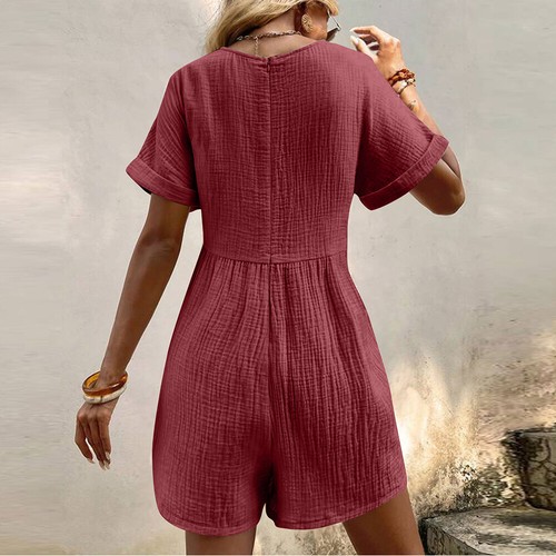 Women's V-Neck Short Sleeve Jumpsuit Summer Outfits Loose Romper Jumpsuit Casual - Picture 17 of 29