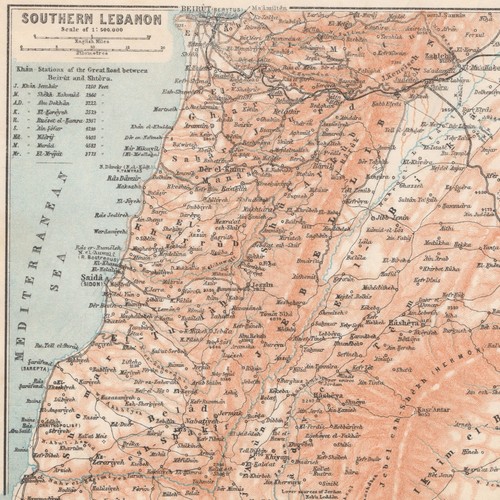 LEBANON Southern Beirut Sidon Damascus 1912 ORIGINAL VINTAGE map
