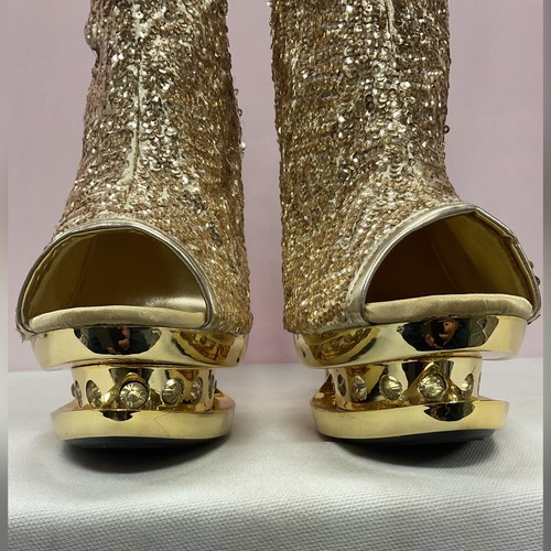 Gold Sequin Platform Peep Toe Stiletto Ankle Boot High Heels - Picture 7 of 17