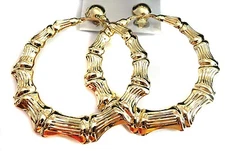 CLIP-ON EARRINGS CLIP BAMBOO HOOP EARRINGS GOLD OR SILVER TONE LARGE 3 INCH 