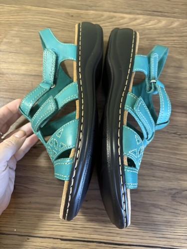 NWB Clarks Leather Multi Strap Sandals Leisa Apple Teal Blue Size 9 - Picture 7 of 9