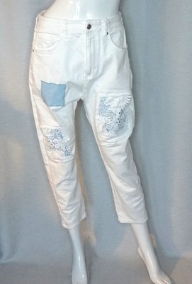 Hippie Jeans Hose Stretch 7/8 tel Pants 3D Blüten Spitze Denim weiss Gr.S Neu