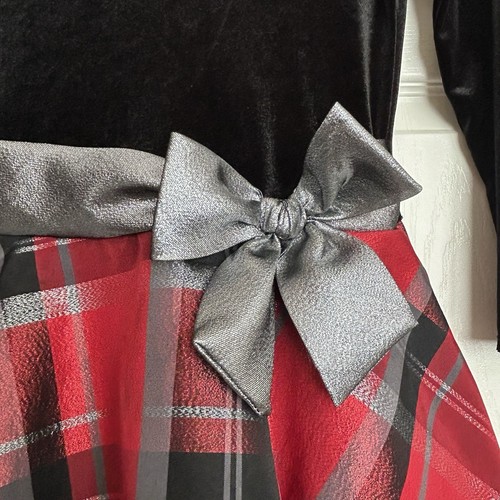 Bonnie Jean Girls Size 10 Drop Waist Velvet Holiday Dress Red & Black Plaid - Picture 2 of 7