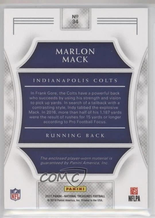 2017 Panini National Treasures Rookie Dual Materials /99 Marlon Mack #34 RC - Image 2 of 2