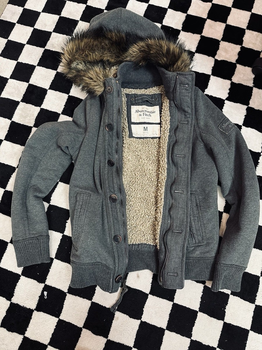 Abercrombie And Fitch Y2K Hooded Jacket Fur Hood M Grey | eBay