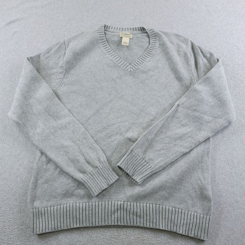 LL Bean Pullover Herren Large grau schwerer Pullover Baumwolle V-Ausschnitt Pulli Freizeit