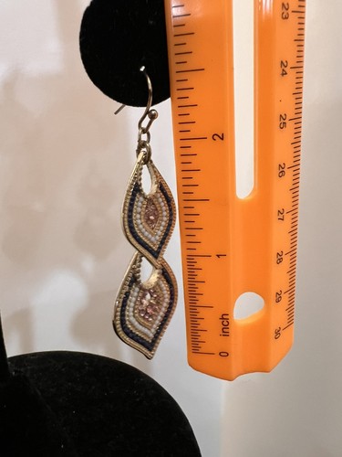 Moroccan Beaded Rhinestone Fish Hook Pierced Earrings Blue,white,pink Gold Tone - Picture 6 of 6