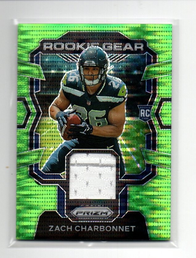 2023 Panini Prizm #RG-ZC Zach Charbonnet Rookie Gear Neon Green Pulsar Seahawks