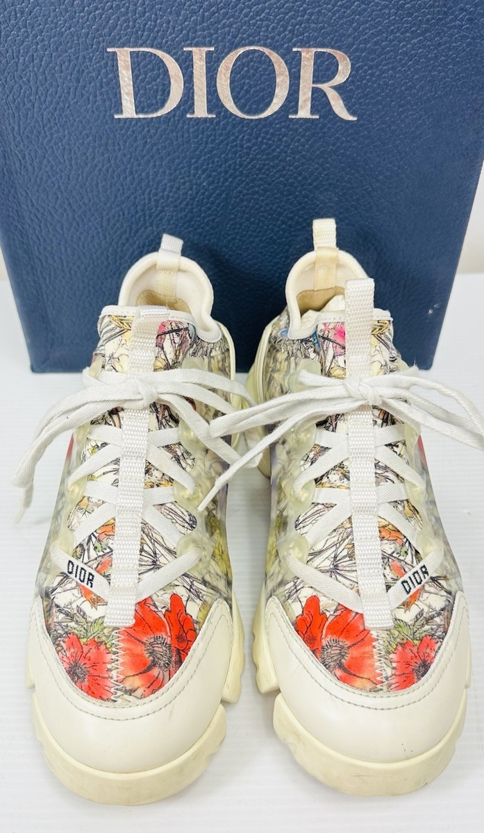 Dior D Connect Mille Fleurs White Red Floral Lace Up Flat