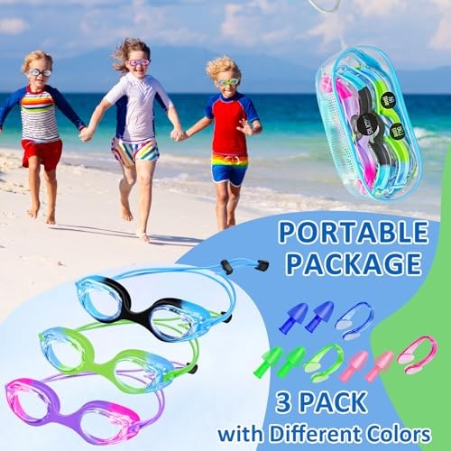 Kinder Schwimmbrillen, 3er Pack mit verstellbarem Bungee Strap, ohne Mehrfarbig - 3er Pack - b - Bild 6 von 6