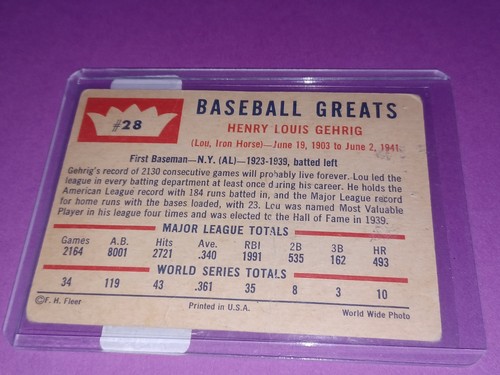 1960 Fleer #28 Lou Gehrig Yankees schöne seltene Karte - Bild 2 von 2