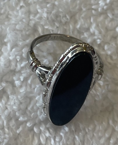 ANELLO Vintage Uncas ARGENTO STERLING ONICO NERO Art Deco TAGLIA 5,5 Lungo Ovale Gioielli - Foto 7 di 14