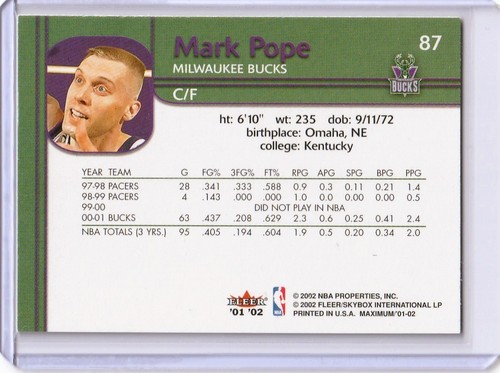2001-02 Fleer Maximum Mark Pope #87 Rookie RC - Picture 2 of 2