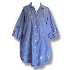Johnny Was Womens Sezane Weekend Tunic Sz XL Blue Stripe Embroidered Boho Top