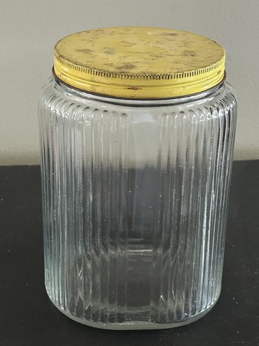 Vintage Ribbed Glass Jar, Painted Yellow Metal Screw Top Oval Eight 8” Kitschy - Bild 2 von 4