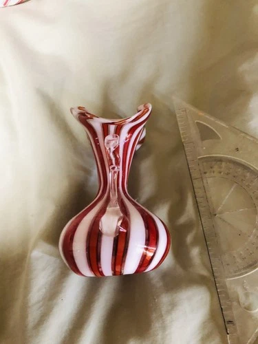 Murano Small Blown Art Glass Vase 4 inches Striped two applied handles