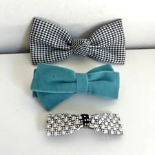 Hair Bow Barrette Lot Houndstooth Teal Velvet Black White Checker Pattern Clip