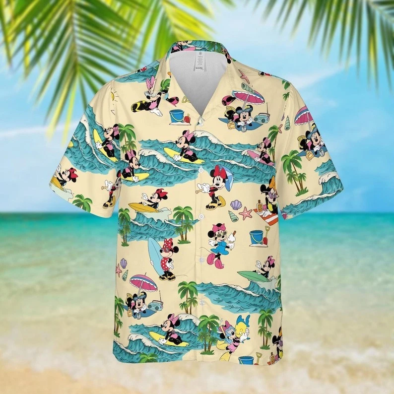 Minnie Mouse Surfing Hawaiian Shirt, Disney Vacation Beach Outfit