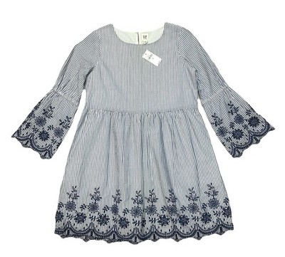 NEW Gap Kids Embroidered Dress Bell Sleeve Boho Cottagecore Size L (10) Stripes