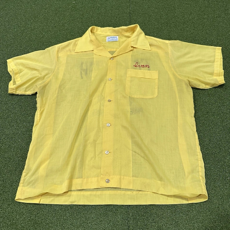 Vintage 50s 60s Hilton El Zaribah Button-up Shirt Yellow Arizona Chain Stitch XL - Image 3 of 4
