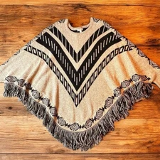 Charming Charlie Women's Multicolor Poncho Tunic Pullover Fringe Hem One Size