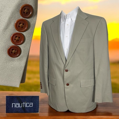 Nautica Blazer Jacket Mens 42R Beige Solid Cotton Two Buttons