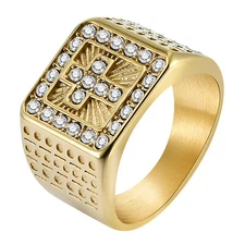 Gold Plated Steel Rhinestone Christian Cross Band Signet Ring For Men Size 8-12