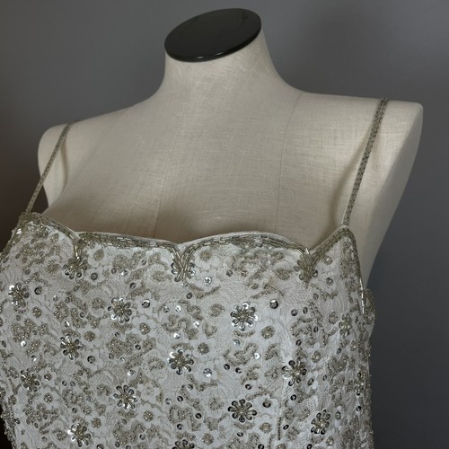 Vintage 1970s Beaded Dress Silk Couture Jacket Lace Elegant Navy White Scalloped - Picture 4 of 24