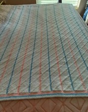 Handmade Knit Afghan Throw Baby Blanket Pink Blue White Stripe 65"x42"