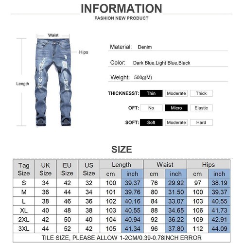 Mens Skinny Denim Ripped Jeans Distressed Frayed Slim Pants Trousers Workwear US - Picture 2 of 19