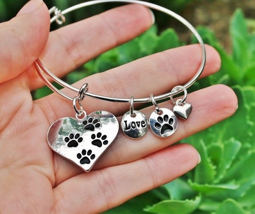 Haustierliebhaber Erweiterbar Draht Armreif Armband Sterlingsilber Plt Charms Pfotenabdrücke - Bild 7 von 8